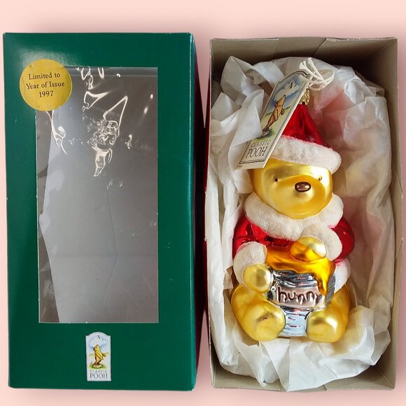 Vtg 1997 Disney Winnie the Pooh Mercury Glass Ornament Santa Suit Hunny Pot main image 7